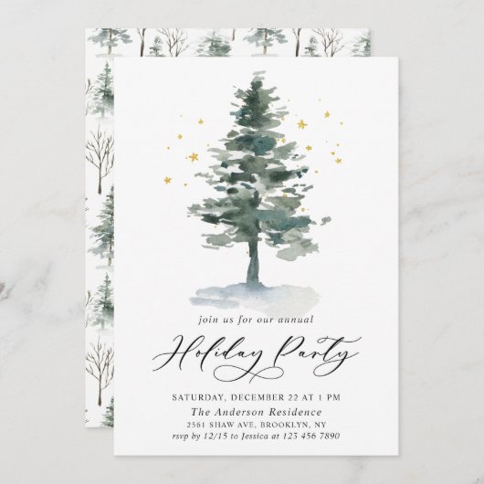 Waterverf Pine Tree Chic-kerstfeestdag Kaart (Voorkant / Achterkant)