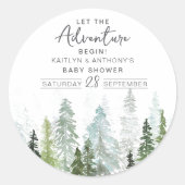 Waterverf Pine Tree Forest Baby shower Ronde Sticker (Voorkant)