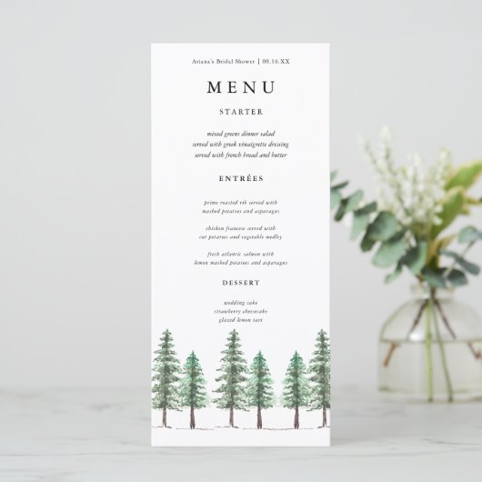 Waterverf Pine Tree Forest bruiloft Menu (Staand voorkant)