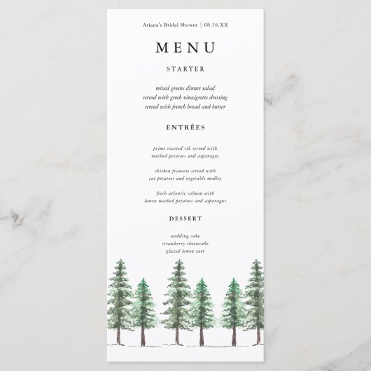 Waterverf Pine Tree Forest bruiloft Menu (Voorkant)
