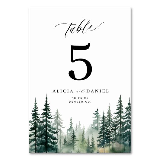 Waterverf Pine Tree Forest Mountain bruiloft Kaart (Achterkant)