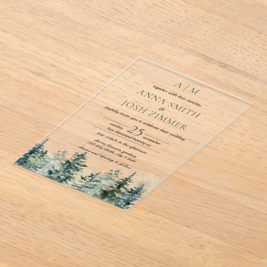 Waterverf Pine Tree Forest rustieke bruiloft Acryl Uitnodigingen (Laagn)