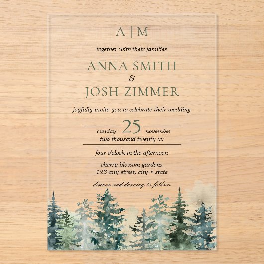 Waterverf Pine Tree Forest rustieke bruiloft Acryl Uitnodigingen (Voorkant)