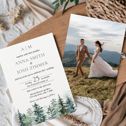 Waterverf Pine Tree Forest rustieke foto bruiloft Kaart