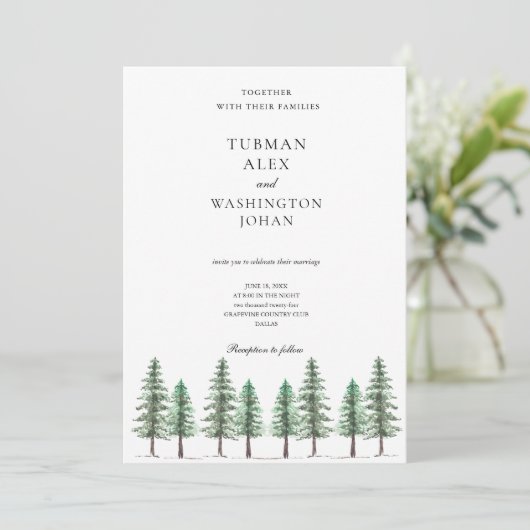 Waterverf Pine Tree Forest Wedding Kaart (Staand voorkant)