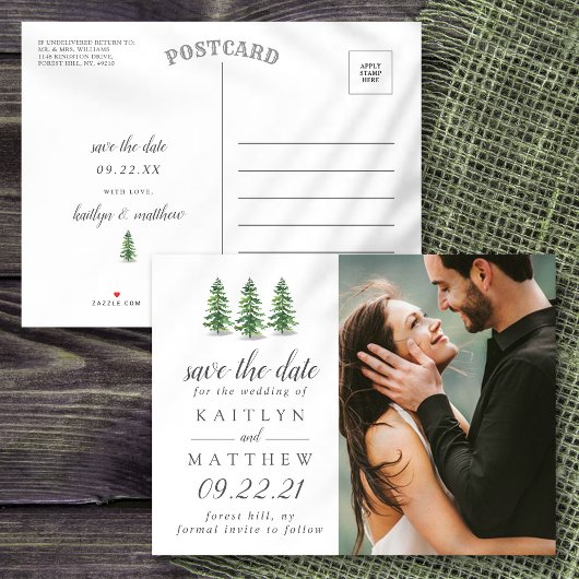 Waterverf Pine Tree Forest Wedding Save the Date Aankondigingskaart