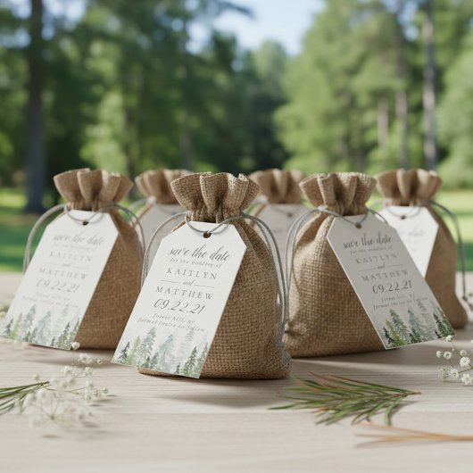 Waterverf Pine Tree Forest Wedding Save the Date Cadeaulabel