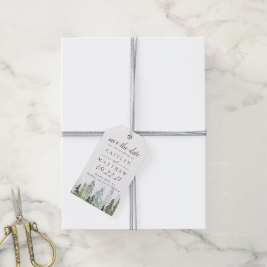 Waterverf Pine Tree Forest Wedding Save the Date Cadeaulabel (Met Touw)