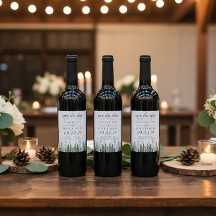 Waterverf Pine Tree Forest Wedding Save the Date Wijn Etiket