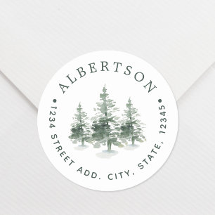 Waterverf Pine Trees Familienaam Return Address Ronde Sticker