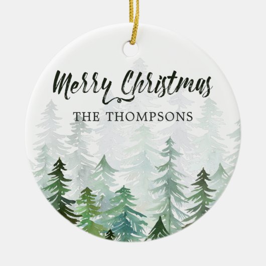Waterverf Pine Trees kerstfoto Keramisch Ornament (Voorkant)