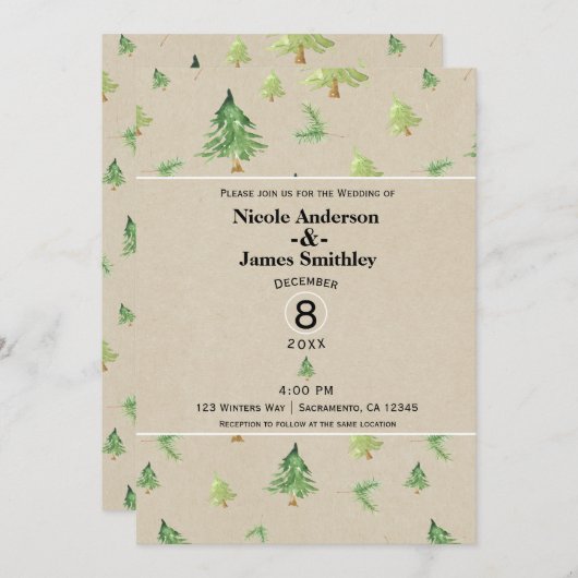 Waterverf Pine Trees Kraft Rustic Winter Wedding Kaart (Voorkant / Achterkant)