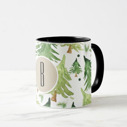 Waterverf Pine Trees Modern Rustic Monogram Kraft Mok (Voorkant rechts)