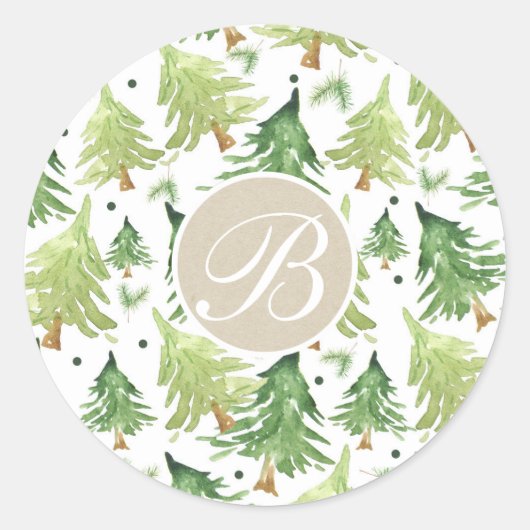 Waterverf Pine Trees Modern Rustic Monogram Kraft Ronde Sticker (Voorkant)