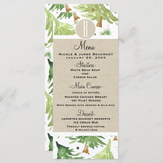 Waterverf Pine Trees Rustic Kraft Wedding Menu (Voorkant / Achterkant)