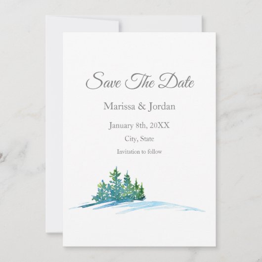 Waterverf Pine Trees Sneeuwkapje Save The Date (Voorkant)