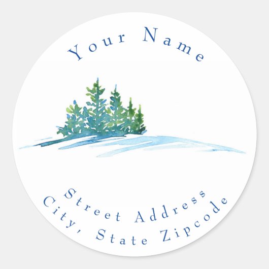 "Waterverf Pine Trees Snowscape" Adresetiketten Ronde Sticker (Voorkant)