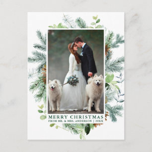 Waterverf Pine Weddenschap Foto met groen kerstfee Briefkaart