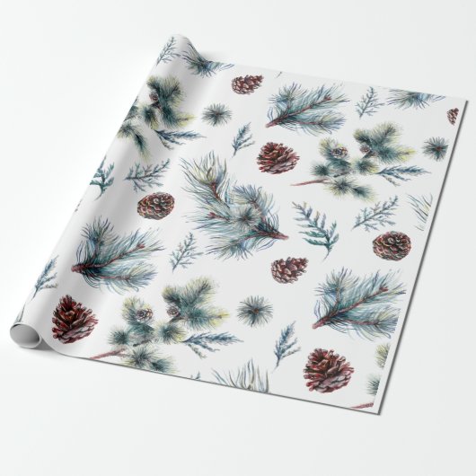 Waterverf Pinecone Sprigs Kerstmis Cadeaupapier (Uitgerold)