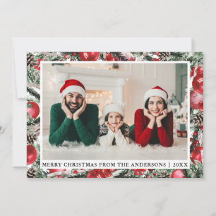 Waterverf Pines Red Ornaments Feestdagenkaart