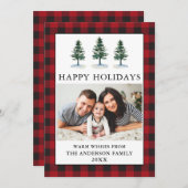 Waterverf Pines Rood Plaid Foto Feestdagenkaart (Voorkant / Achterkant)