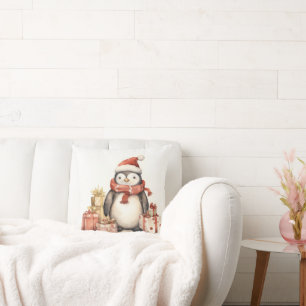 Waterverf pinguïn met vakantie cadeaus kussen