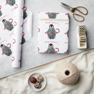 Waterverf Pinguïn Prettig Kerstfeest Cadeaupapier