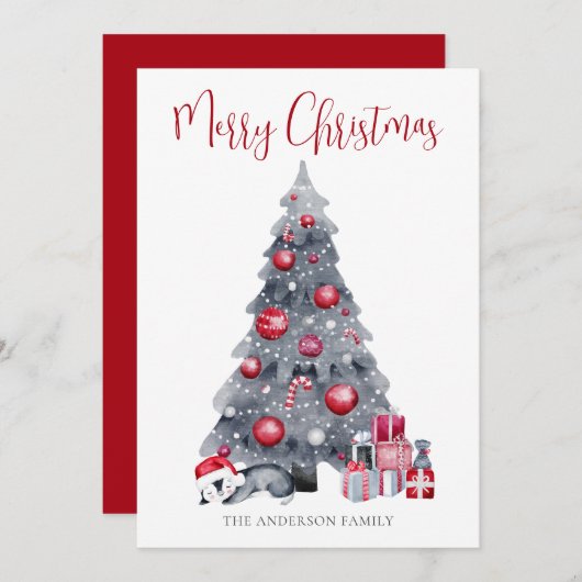 Waterverf Pinguïn Rood Zwart Prettig Kerstfeest Feestdagenkaart (Voorkant / Achterkant)