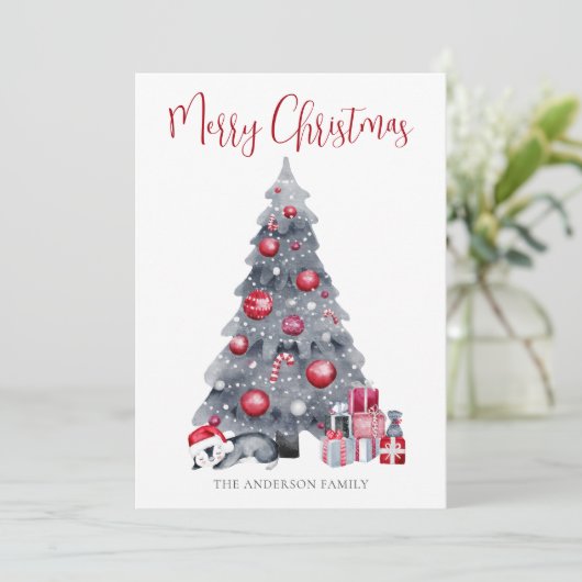 Waterverf Pinguïn Rood Zwart Prettig Kerstfeest Feestdagenkaart (Staand voorkant)