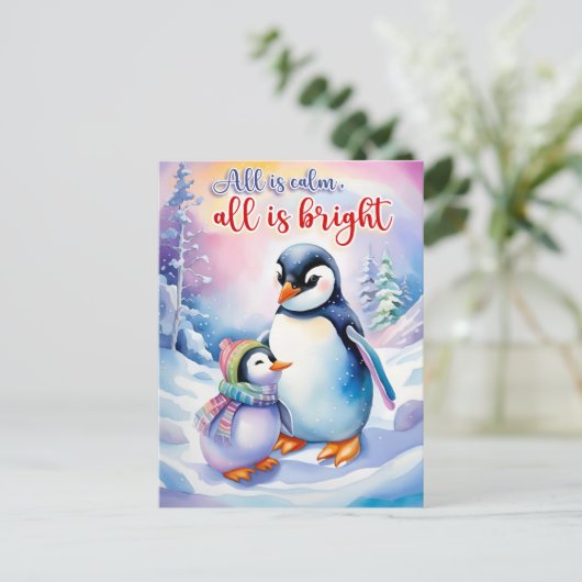 Waterverf pinguïns alles is rustig alles is helder feestdagenkaart (Staand voorkant)
