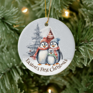 Waterverf Pinguïns Familie Baby's Eerste Kerstmis Keramisch Ornament