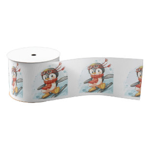 Waterverf Pinguïns Sneeuwschaatsen Grosgrain Lint
