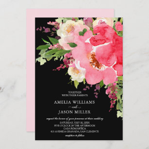 Waterverf Pink Black Floral Wedding Invitations