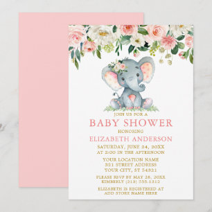 Waterverf Pink Floral Baby shower Elephant Gold Kaart