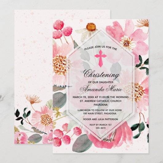 Waterverf Pink Floral Christening Kaart (Voorkant / Achterkant)