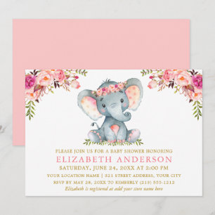 Waterverf Pink Floral Elephant Baby shower Gold Kaart