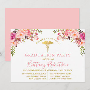 Waterverf Pink Floral Medical Graduation Party Kaart