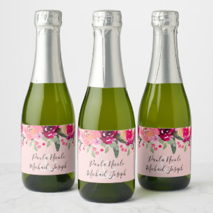 Waterverf Pink Floral Personalized Wedding Mini Sparkling Wijnetiket