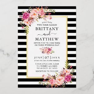 Waterverf Pink Floral Striped Wedding Gold Folie Uitnodiging