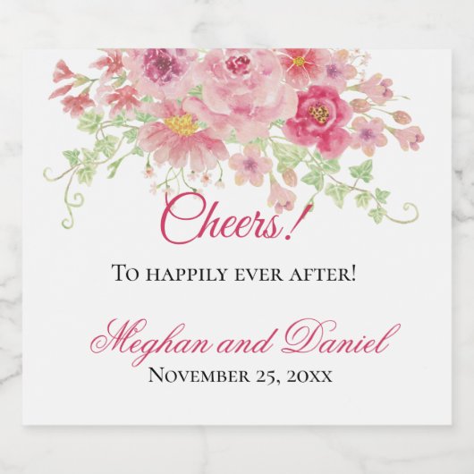 Waterverf Pink Floral Wedding Sparkling Wijnetiket (Enkel label)