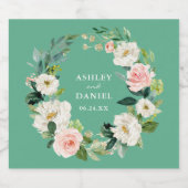 Waterverf Pink Floral Wreath Wedding Neo Mint Sparkling Wijnetiket (Enkel label)