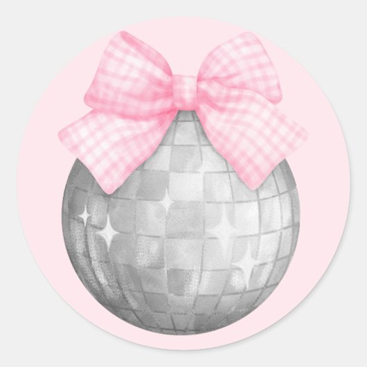 Waterverf Pink Gingham Bow Silver Disco Ball Ronde Sticker (Voorkant)