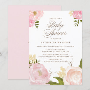 Waterverf Pink Peonies Baby shower Uitnodiging