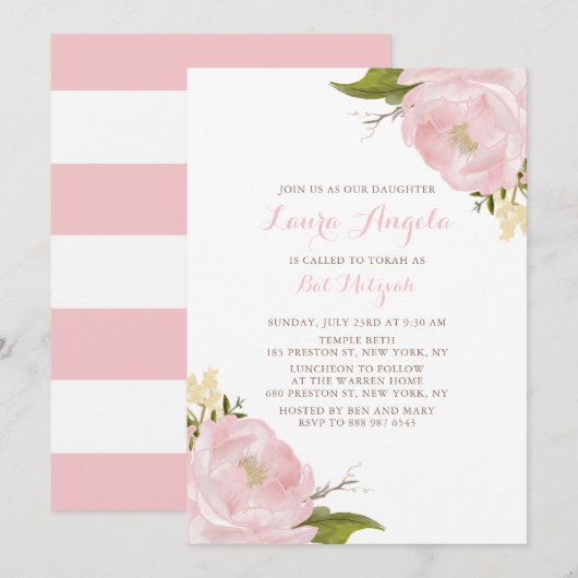 Waterverf Pink Peonies Bat Mitzvah Uitnodiging (Voorkant / Achterkant)