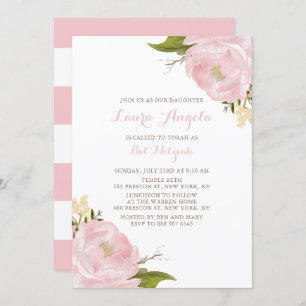 Waterverf Pink Peonies Bat Mitzvah Uitnodiging