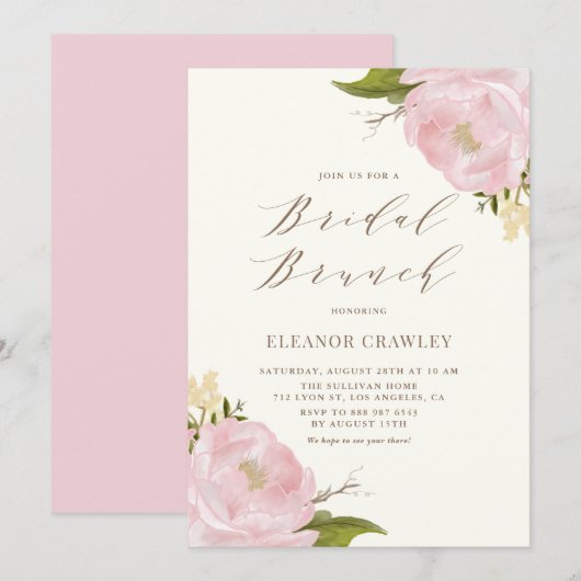Waterverf Pink Peonies Bridal Brunch Kaart (Voorkant / Achterkant)