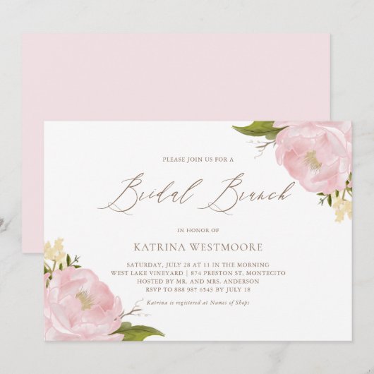 Waterverf Pink Peonies Bridal Brunch Uitnodiging (Voorkant / Achterkant)
