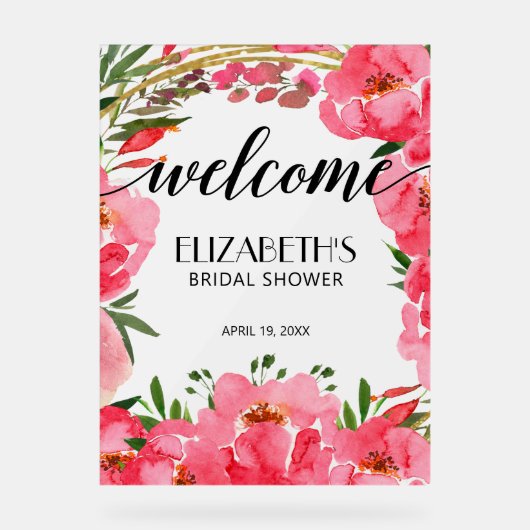 Waterverf Pink Peonies Vrijgezellenfeest Welkom Acryl Bord (Voorkant)