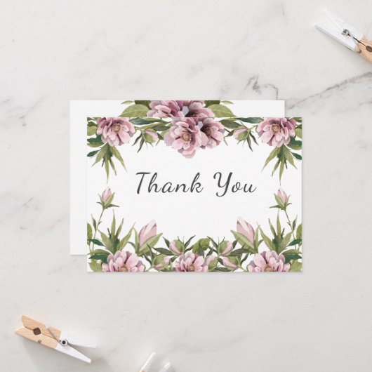 Waterverf Pink Peony bedankt voor de groene bruilo Kaart (Voorkant / Achterkant in situ)