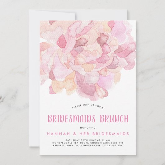 Waterverf Pink Peony Bridesmaids Brunch Invite Kaart (Voorkant)